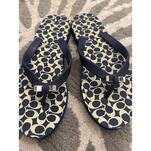 Navy and Cream Monogram C Coach Flip Flops with Silver Bow - Picture 3 of 6